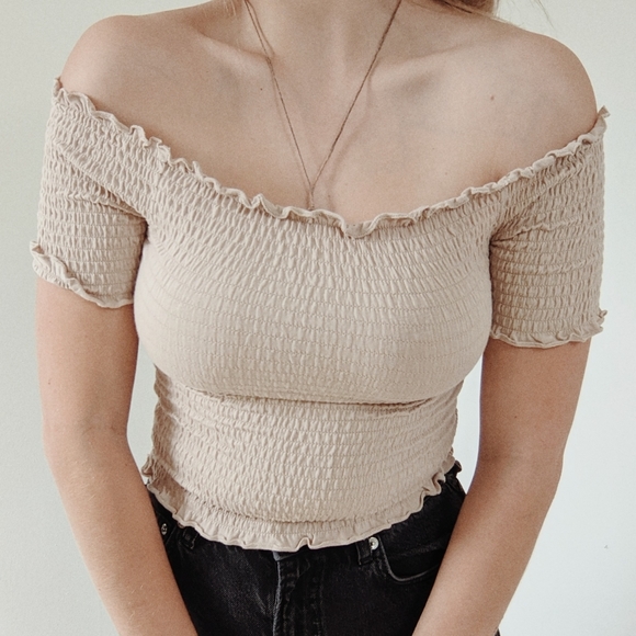 smocked, off-the-shoulder, tan crop top - Picture 3 of 3
